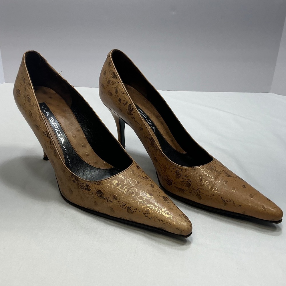 Via Spiga‎ Pointed Toe Heels Bronze Leather Pumps Classic Shoes 7.5M